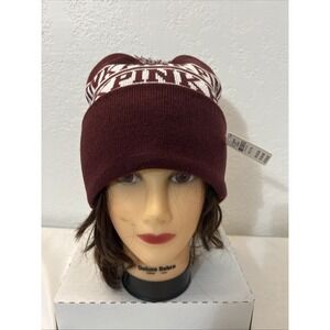 Victoria's Secret PINK Maroon White Pom Pom Beanie Logo Hat Winter NWT Warm Soft